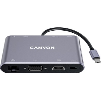 CANYON DS-14, 8 in 1 USB C hub, with 1*HDMI: 4K*30Hz, 1*VGA, 1*Type-C PD charging port, Max 100W PD input. 3*USB3.0,transfer speed up to 5Gbps. 1*Glgabit Ethernet, 1*3.5mm audio jack, cable 15cm, Aluminum alloy housing,95*55*17.6 mm, 107g, Dark grey - Metoo (1)