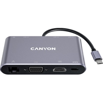CANYON DS-14, 8 in 1 USB C hub, with 1*HDMI: 4K*30Hz, 1*VGA, 1*Type-C PD charging port, Max 100W PD input. 3*USB3.0,transfer speed up to 5Gbps. 1*Glgabit Ethernet, 1*3.5mm audio jack, cable 15cm, Aluminum alloy housing,95*55*17.6 mm, 107g, Dark grey в Metoo.kz - Metoo (1)