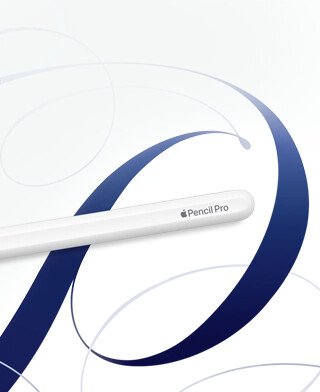 Apple Pencil Pro, white, shown on a white background with blue swirls