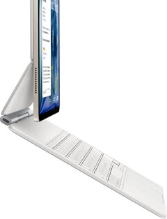 iPad Air, Starlight color, attached to Magic Keyboard, white color, side exterior