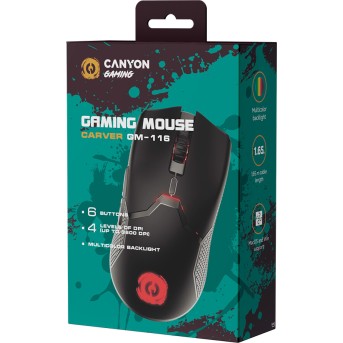 CANYON Carver GM-116, 6keys Gaming wired mouse, A603EP sensor, DPI up to 3600, rubber coating on panel, Huano 1million switch, 1.65M PVC cable, ABS material. size: 130*69*38mm, weight: 105g, Black - Metoo (6)