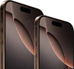 6.9-inch iPhone 16 Pro Max and 6.3-inch iPhone 16 Pro, front exterior, Action button, volume buttons, Dynamic Island centred near top