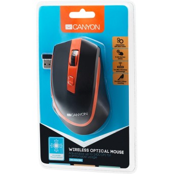 CANYON MW-13 2.4 GHz Wireless mouse ,with 6 buttons, DPI 800/<wbr>1200/<wbr>1600/<wbr>2000/<wbr>2400, Battery:AAA*2pcs ,Black-Orange 77.4*120.6*40.5mm 79g, - Metoo (5)