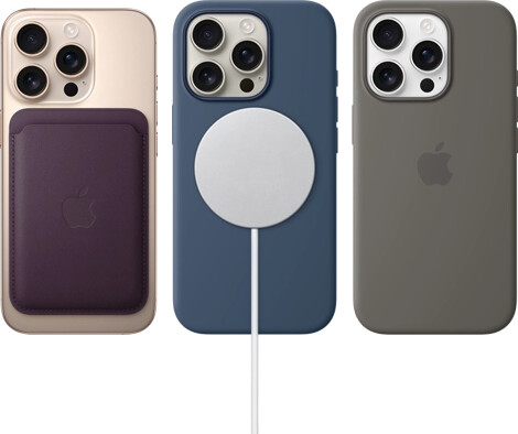 Three iPhone 16 Pro devices, back exterior, with MagSafe accessories attached: iPhone FineWoven MagSafe Wallet, MagSafe Charger and iPhone Silicone Case with MagSafe