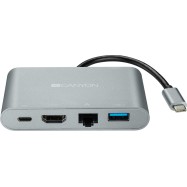 Canyon Multiport Docking Station with 5 ports: 1*Type C male+1*HDMI+1*RJ45+2*USB3.0, Input 100-240V, Output USB-C PD 60W&USB-A 5V/1A, cabel length 0.11m, Rubber coating, Space grey, 93*54*17mm, 0.075kg