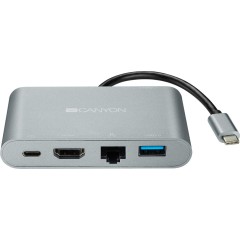 Canyon Multiport Docking Station with 5 ports: 1*Type C male+1*HDMI+1*RJ45+2*USB3.0, Input 100-240V, Output USB-C PD 60W&USB-A 5V/<wbr>1A, cabel length 0.11m, Rubber coating, Space grey, 93*54*17mm, 0.075kg