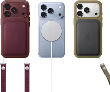 From left to right, iPhone 18 Pro in Burgundy leather case with Burgundy Crossbody strap, middle iPhone 18 Pro in Glacier with White MagSafe charger attached, right iPhone 18 Pro in Silver in green leather wallet case with wrist strap