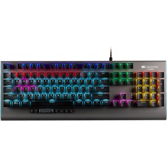 CANYON Wired multimedia gaming keyboard with lighting effect, 20pcs rainbow LED & 19pcs RGB light, Numbers 104keys, RU+EN double injection layout, cable length 1.8M, 446*160*40mm, 0.98kg, color Dark grey - Metoo (1)