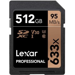 LEXAR 512GB Professional 633x SDXC UHS-I cards, up to 95MB/<wbr>s read 45MB/<wbr>s write C10 V30 U3