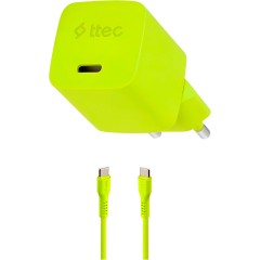 ttec SmartCharger GAN 20W PD Travel Fast Charger + USB-C - USB-C 3A Cable 120cm, Neon Yellow