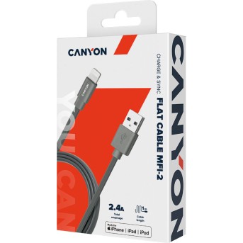 CANYON MFI-2, Charge & Sync MFI flat cable, USB to lightning, certified by Apple, 1m, 0.28mm, Dark gray - Metoo (3)