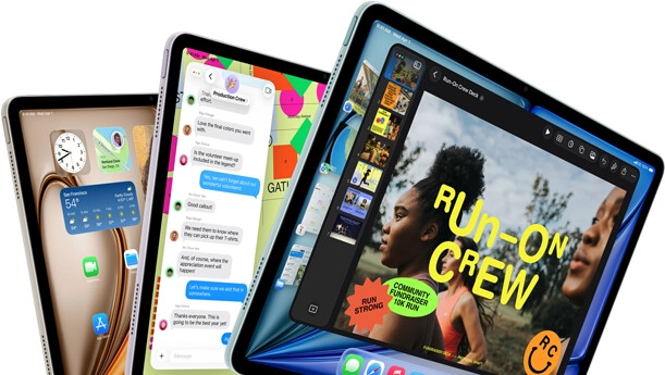 Three iPad Air displays in fan-like arrangement, colors: Blue, Purple, Starlight, front exterior, side exterior, apps on screen display include Keynote app, Messages, and Home Screen