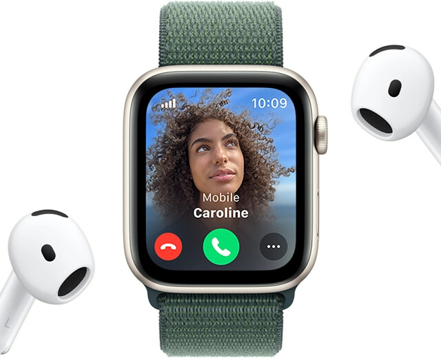 Incoming call on an Apple Watch SE, next to a pair of AirPods