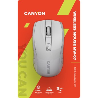 CANYON MW-7, 2.4Ghz wireless mouse, 6 buttons, DPI 800/1200/1600, with 1 AA battery ,size 110*60*37mm,58g,white в Metoo.kz - Metoo (6)