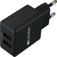 CANYON Universal 2xUSB AC charger (in wall) with over-voltage protection, Input 100V-240V, Output 5V-2.1A, with Smart IC, black rubber coating with side parts+glossy with other parts, 80*42.5*23.8mm, 0.042kg