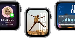 Translate app, Check in app, Photos face, Modular watch face, and Vitals app, on five Apple Watch SE devices
