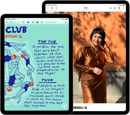 Two iPad Air, sizes: 11-inch and 13-inch, 11-inch shows colorful text on the Notes app, 13-inch screen shows a photo of a person on the Photos app