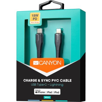 CANYON Type C Cable To MFI Lightning for Apple, PVC Mouling,Function：with full feature( data transmission and PD charging) Output:5V/<wbr>2.4A , OD:3.5mm, cable length 1.2m, 0.026kg,Color:Black - Metoo (3)