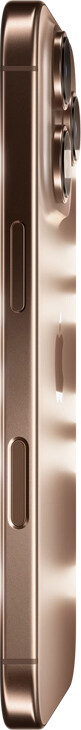 iPhone 16 Pro in Desert Titanium finish, side exterior, Apple logo in centre, raised Pro camera system, Side button, Camera Control button