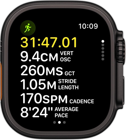 Running form metrics providing the person’s pace and distance