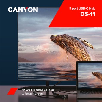 CANYON DS-11, 9 in 1 USB C hub, with 1*HDMI: 4K*30Hz,1*Gigabit Ethernet,, 1*Type-C PD charging port, Max 100W PD input. 2*USB3.0,transfer speed up to 5Gbps. 1*USB 2.0, 1*SD, 1*3.5mm audio jack, cable 18cm, Aluminum alloy housing115*46*15 mm, 88.5g, Dark g - Metoo (3)