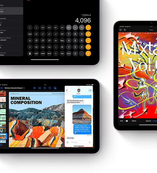 Three iPad mini displays showing iPadOS and apps features