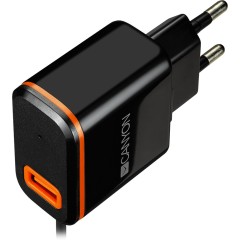 CANYON Universal 1xUSB AC charger (in wall) with over-voltage protection, plus Type C USB connector, Input 100V-240V, Output 5V-2.1A, with Smart IC, black (orange stripe)​, cable length 1m, 81*47.2*27mm, 0.059kg