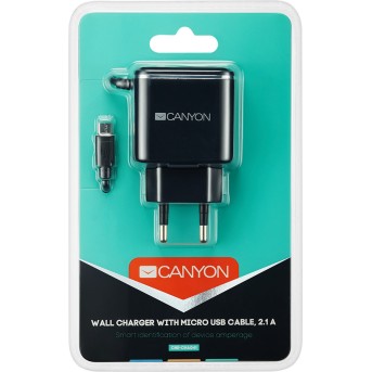 CANYON Universal 1xUSB AC charger (in wall) with over-voltage protection, plus Micro USB connector, Input 100V-240V, Output 5V-2.1A, with Smart IC, black (silver stripe), cable length 1m, 81*47.2*27mm, 0.059kg - Metoo (3)