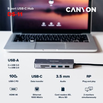 CANYON DS-11, 9 in 1 USB C hub, with 1*HDMI: 4K*30Hz,1*Gigabit Ethernet,, 1*Type-C PD charging port, Max 100W PD input. 2*USB3.0,transfer speed up to 5Gbps. 1*USB 2.0, 1*SD, 1*3.5mm audio jack, cable 18cm, Aluminum alloy housing115*46*15 mm, 88.5g, Dark g - Metoo (4)