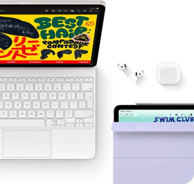 iPad Air, Starlight color, colorful graphics on screen, attached to Magic Keyboard, Airpods Pro and Apple Pencil Pro accessories