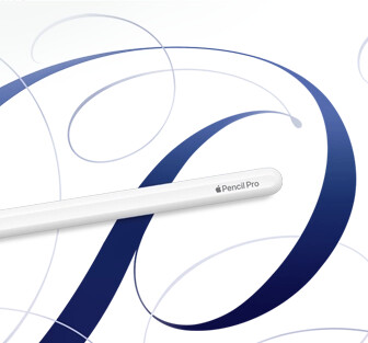 Apple Pencil Pro, white, shown on a white background with blue swirls