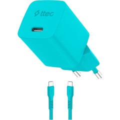 ttec SmartCharger GAN 45W PD Travel Fast Charger + USB-C - USB-C 3A Cable Neon Blue..