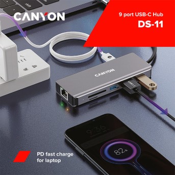 CANYON DS-11, 9 in 1 USB C hub, with 1*HDMI: 4K*30Hz,1*Gigabit Ethernet,, 1*Type-C PD charging port, Max 100W PD input. 2*USB3.0,transfer speed up to 5Gbps. 1*USB 2.0, 1*SD, 1*3.5mm audio jack, cable 18cm, Aluminum alloy housing115*46*15 mm, 88.5g, Dark g - Metoo (5)