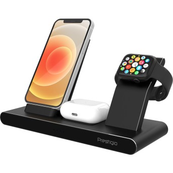 Prestigio ReVolt A7, 3-in-1 wireless charging station for iPhone, Apple Watch, AirPods, wilreless output for phone 7.5W/<wbr>10W, wireless output for AirPods 5W, wireless output for Apple Watch 2.5W, material: aluminum+tempered glass, black color - Metoo (5)