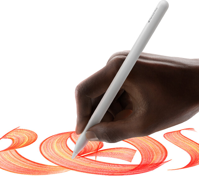 Apple Pencil Pro is used to create a colorful, swirly script held by a user's hand