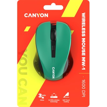 CNE-CMSW1GR CANYON мышь, цвет - зеленый, беспроводная 2.4 Гц, DPI 800/<wbr>1000/<wbr>1200 DPI, 3 кнопки и колесо прокрутки, прорезиненное покрытие - Metoo (6)