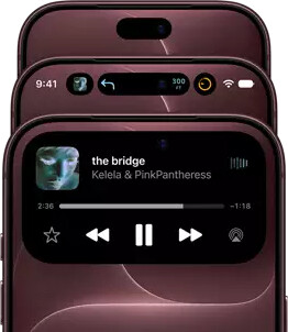 3 iPhone 18 Pros in Burgundy fanned out to show Dynamic Island in different modes: off, minimized, maximized