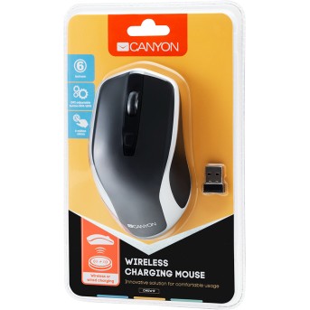 CANYON MW-19 2.4GHz Wireless Rechargeable Mouse with Pixart sensor, 6keys, Silent switch for right/<wbr>left keys,DPI: 800/<wbr>1200/<wbr>1600, Max. usage 50 hours for one time full charged, 300mAh Li-poly battery, Black -Silver, cable length 0.6m, 121*70*39mm, 0.103kg - Metoo (5)
