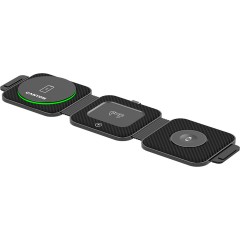 CANYON WS-305, Foldable 3in1 Wireless charger with case, touch button for Running water light, Input 9V/<wbr>2A, 12V/<wbr>1.5AOutput 15W/<wbr>10W/<wbr>7.5W/<wbr>5W, Type c to USB-A cable length 1.2m, with charger QC 18W EU plug, Fold size: 97.8*72.4*25.2mm. Unfold size: 272