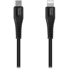 CANYON Type C Cable To MFI Lightning for Apple, PVC Mouling,Function：with full feature( data transmission and PD charging) Output:5V/<wbr>2.4A , OD:3.5mm, cable length 1.2m, 0.026kg,Color:Black