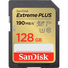 SanDisk Extreme PLUS 128GB SDXC Memory Card + 2 years RescuePRO Deluxe up to 190MB/<wbr>s & 90MB/<wbr>s Read/<wbr>Write speeds, UHS-I, Class 10, U3, V30