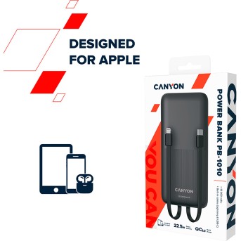 CANYON PB-1010, Power bank 10000mAh Li-pol battery with 2pcs Build-in Cable, Input: TYPE-C: 5V3A/<wbr>9V2A 18WMicro USB: 5V2A/<wbr>9V2A 18W Output: TYPE-C: 5V3A/<wbr>9V2.2A 20WUSB-A: 4.5V5A ,5V4.5A, 5V3A,9V2A ,12V1.5A 22.5WTYPE-C cable: 4.5V5A ,5V4.5A, 5V3A, - Metoo (12)