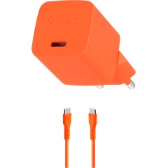 ttec SmartCharger GAN 20W PD Travel Fast Charger + USB-C - USB-C 3A Cable 120cm, Neon Orange