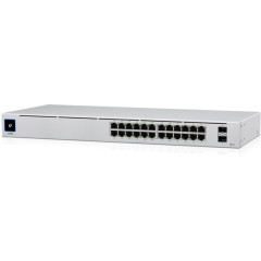 UBIQUITI Standard 24 PoE; (16) GbE PoE+, (8) GbE ports; (2) 1G SFP ports; 95W total PoE availability; Fanless, silent cooling.