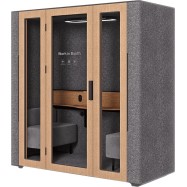 WorkBooth Two with Media hub integration spot, Blind back wall, Light grey felt, natural oak venee..