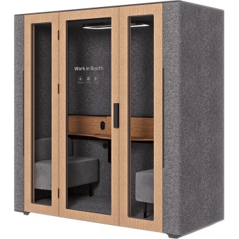 WorkBooth Two with Media hub integration spot, Blind back wall, Light grey felt, natural oak veneer, Jazz Graphite fabric for sofa в Metoo.kz - Metoo (1)