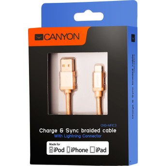Charge & Sync MFI braided cable with metalic shell, USB to lightning, certified by Apple, 1m, 0.28mm, Gold - Metoo (2)