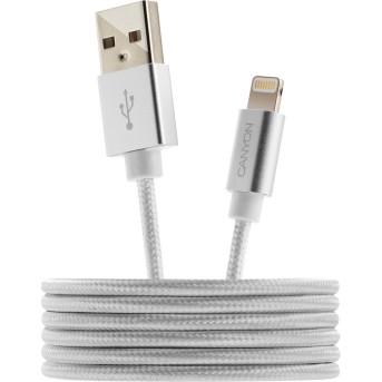 CANYON Charge & Sync MFI braided cable with metalic shell, USB to lightning, certified by Apple, cable length 1m, OD2.8mm, Pearl White - Metoo (2)