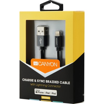 CANYON MFI-3 Charge & Sync MFI braided cable with metalic shell, USB to lightning, certified by Apple, cable length 1m, OD2.8mm, Black - Metoo (4)