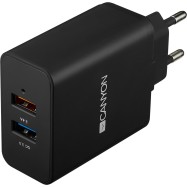 CANYON Universal 2xUSB AC charger (in wall) with over-voltage protection(1 USB with Quick Charger QC3.0), Input 100V-240V, Output USB/5V-2.4A+QC3.0/5V-2.4A&9V-2A&12V-1.5A, with Smart IC, Black rubber coating+QC3.0 port in blue/other port in orange